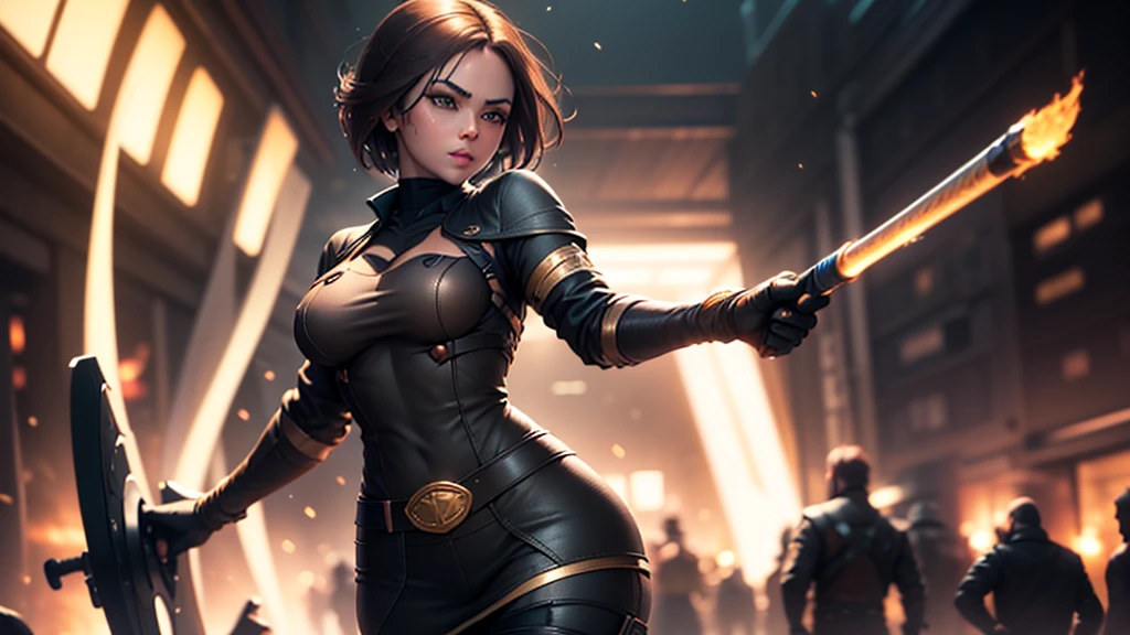 (at night), in a video game scene in the background, a beautiful city at night, raining, alone, standing looking straight ahead, military clothing with military green skirt and pants, black gloves, semi-short hair, ((semi-short hair)), 1 girl, 30 years old, young woman, perfect hands, Beautiful fingers, Beautiful long legs, Beautiful body, Beautiful nose, Beautiful character design, perfect face, looking straight at the viewer with a serious gesture and very upset, she has a black whip in her hand (focusing on her face), mouth closed, light_smile, official art, extremely detailed CG unity 8k wallpaper, perfect lighting, bright and colorful front lighting, shiny skin (artwork master: 1.0), (Best_quality: 1.0), ultra High resolution, 4k, ultra detailed photography, 8K, hdr, High resolution, Nonsense:1.2, Kodak portrait 400, film grain, Blurred background, bokeh:1.2, Flash lens, (vibrant_color:1.2), professional photography, (Beautiful, breasts: 1.4), (Beautiful_face: 1.5), (narrow waist),