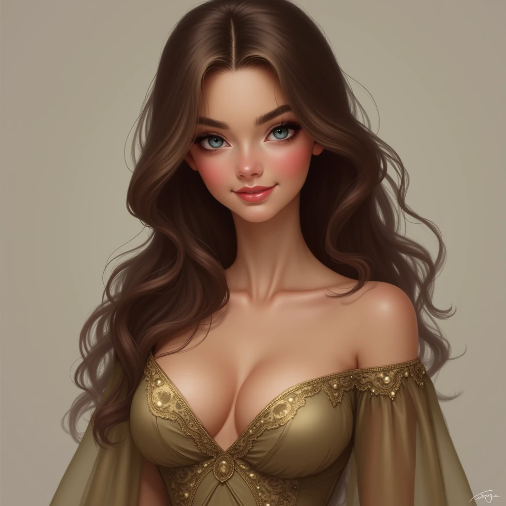 1girl, Solo, High Resolution, Long Hair, Breasts, Looking at viewer, Blush, Smile, Brown Hair, Blue eyes, High Resolution, High Quality, Anatomically Correct, Textured Skina beautiful princess in a deep v cut khaki dress.inspired by walop, inteicate symmetrical dunakic