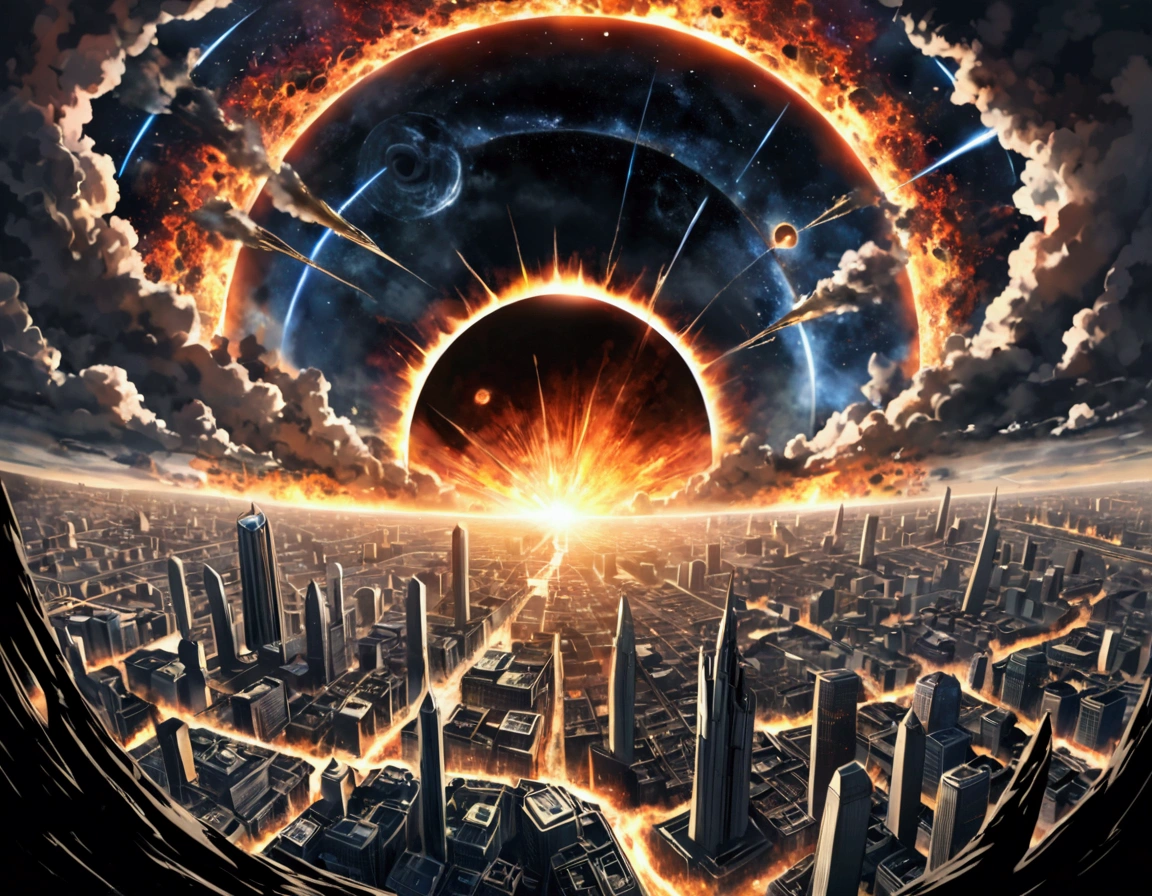 World, Galatic background, skyfall, metoride, bullets fall from the sky, chaos, at the city, blackhole at the sky, Valhalla view