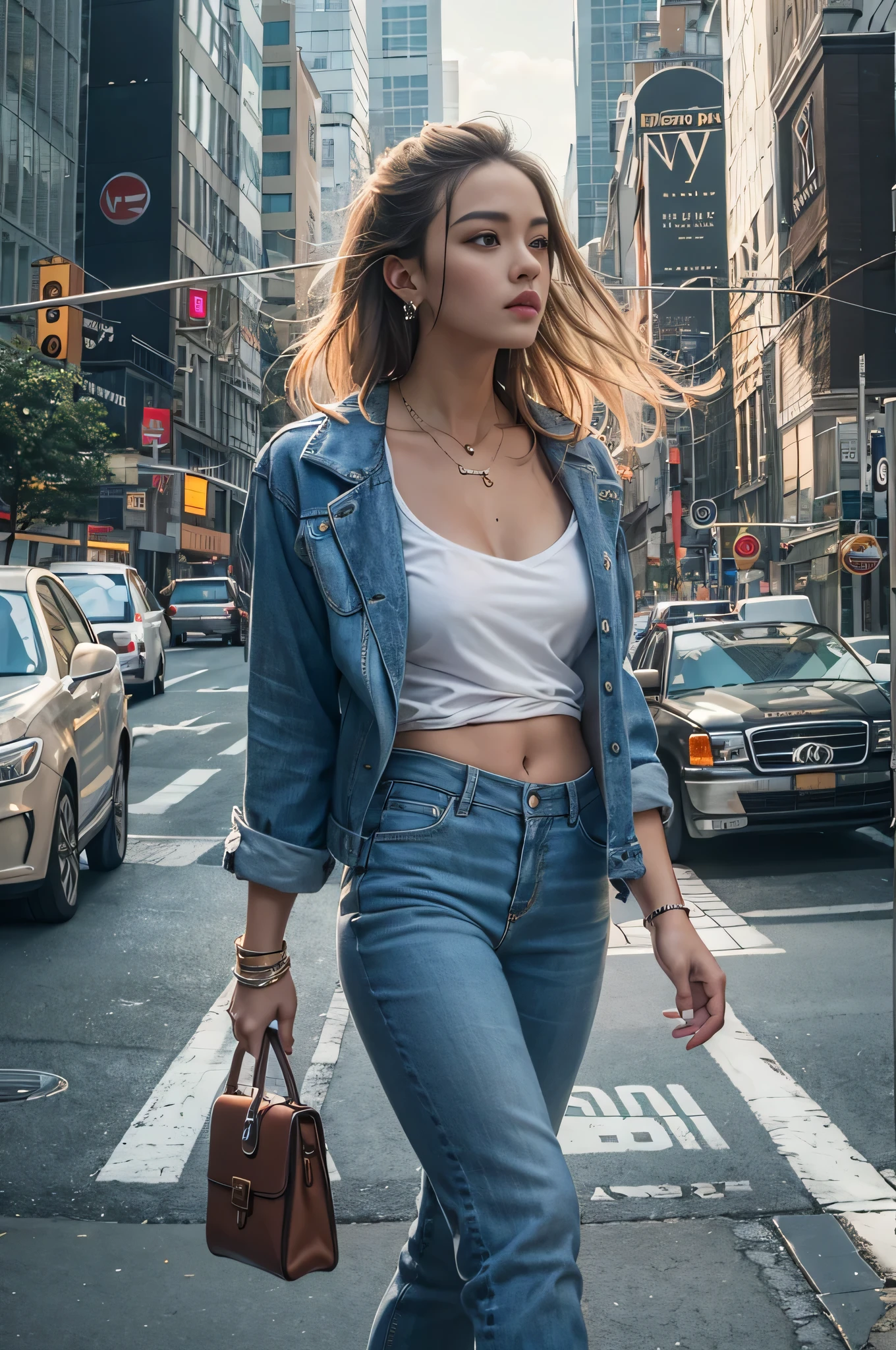 (Woman walking through the streets of New York),Real、High resolution、Soft Light、One woman、One person、Hip Up、(Detailed face)、jewelry、Streetwear、(Beautiful j woman)、Eyes of the viewer、Lover's Perspective、Attractive look、Sexy smile、Perfect Style、Perfect balance、Fine skin、Naughty look、I can see your chest Light blue jacket、(White tank top)、White mini skirt、Long legs、White high heels、career woman、