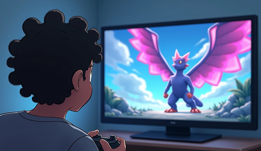 The image shows a man with curly hair and a surprised expression on his face. He is looking at a video game screen. On the screen, a character is standing next to a large, blue, winged creature. The creature has pink crystals on its wings and looks like a Pokemon. The man is holding a small, round object in his hand.
