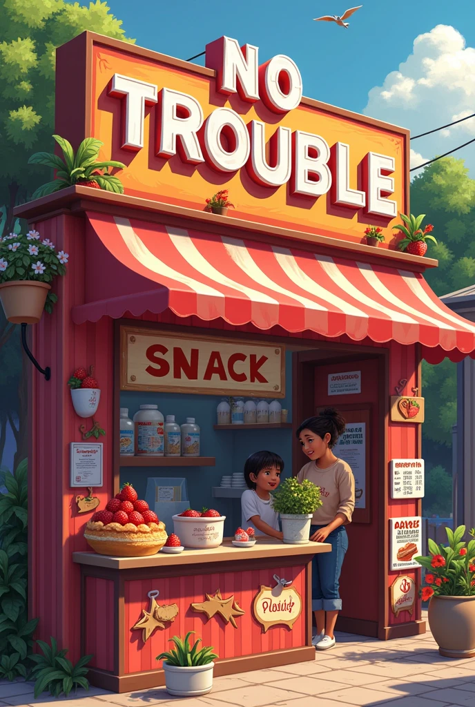I want an eye-catching sign for my snack it's called "No trouble" , where i sell, broasted chicken, strawberries and cream, cake shop. I want you to call me because I sell a little bit of everything..