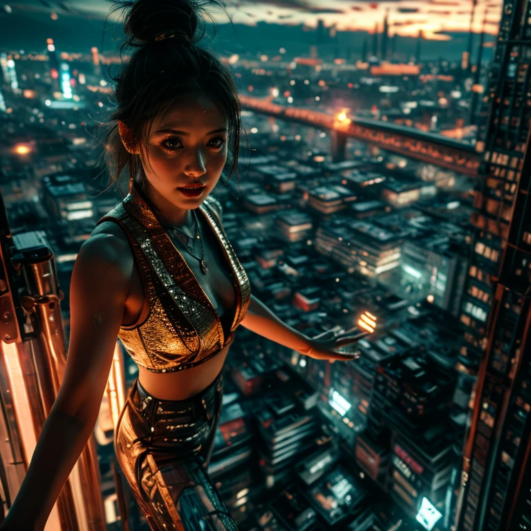 (xuer flies over) extremely detailed(sexy girl), (dramatic, gritty, intense:1.4), city, curved colorful horizon, (Luminism:1.28),