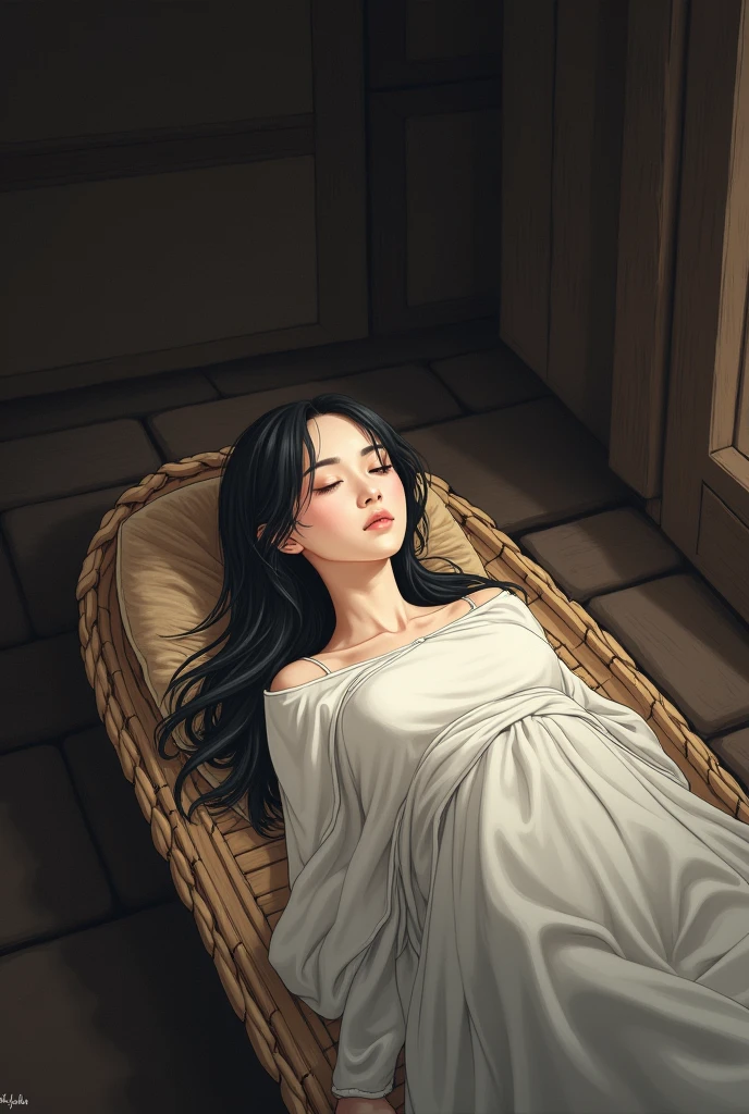 A beautiful girls dead body laying down and covering with kafan cloth half naked in a khatia