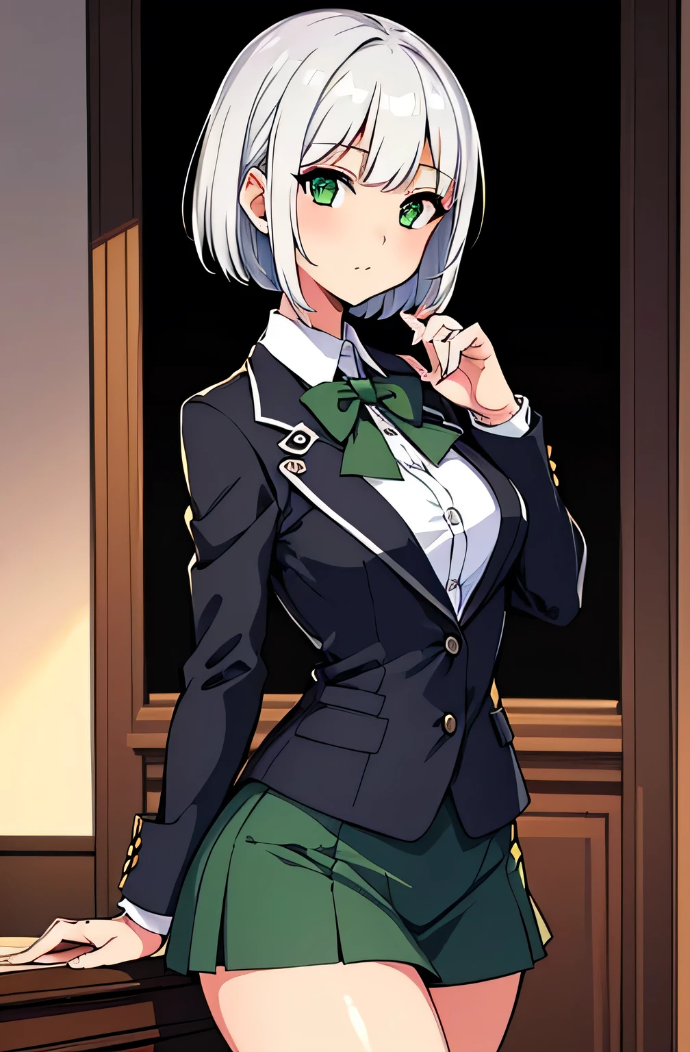 all intricate details, cientificamente: perfect body, girl 1, (masterpiece, best quality:1.2), illustration, solo, 1girl view, short hair, white hair, green eyes, short green blazer, black miniskirt, detailed background, looking at viewer, hair ornaments, indoors, sexy pose, front angle