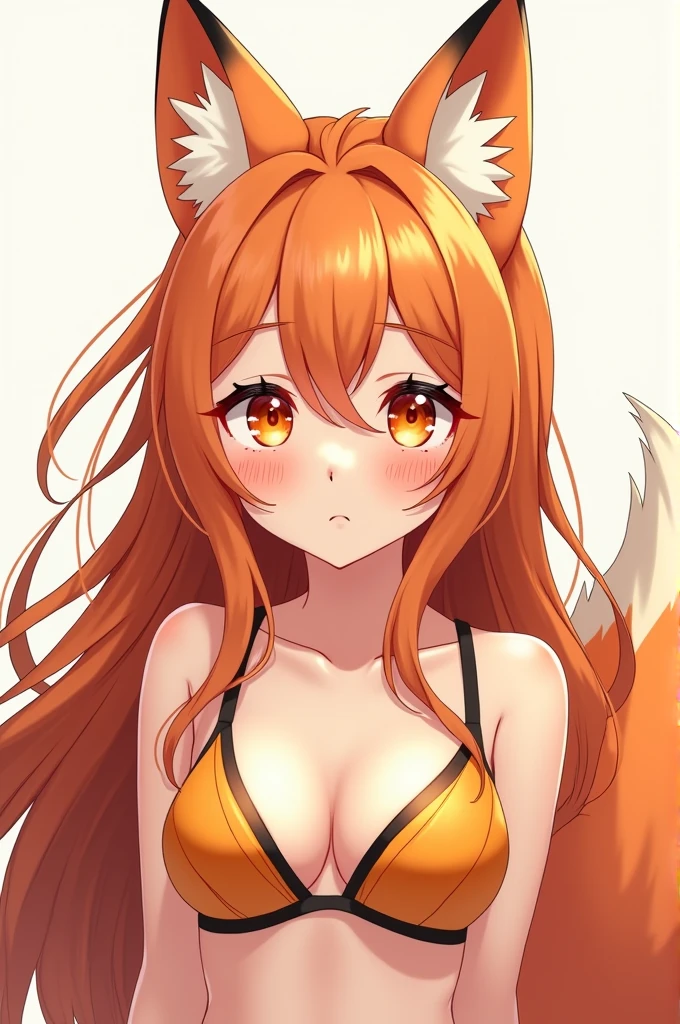 an anime style teenage girl with long orange hair and fox ears, freckles and orange eyeliner, a fox tail, with cute swimsuit.

