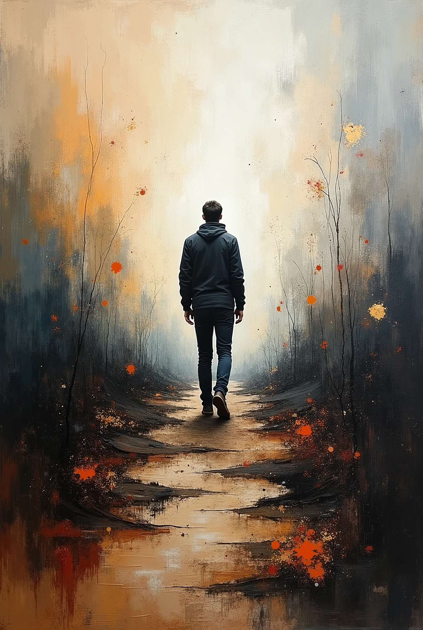 ( a man) a thick textured oil painting, impasto brushstrokes, dry brushing,revealing underlayers, abstract landscape, moody lighting, dramatic shadows, muted earthy colors, vibrant colors, highly detailed, masterpiece,
