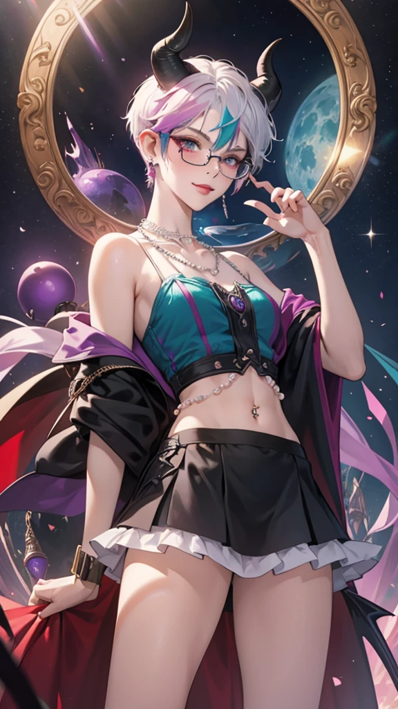 8k, masterpiece, best quality, highly detailed, 1 girl, tiefling, warlock, pixie cut, multicolored hair, very short straight hair red highlight hair on white hair, strippled hair, wearing glasses, round glasses, earrings, navel piercing, red eyeshadow, long eyelashes, blushed cheek, red lips, pearl necklace, rings, collarbone, mole on face, glamorous, teal and purple clothes, sleeveless, miniskirt, smirk, close up view, rings, looking at viewer, demon horns, solo, starry sky, pale blue moon, standing, boxing stance, demonic arms, chains on the background.