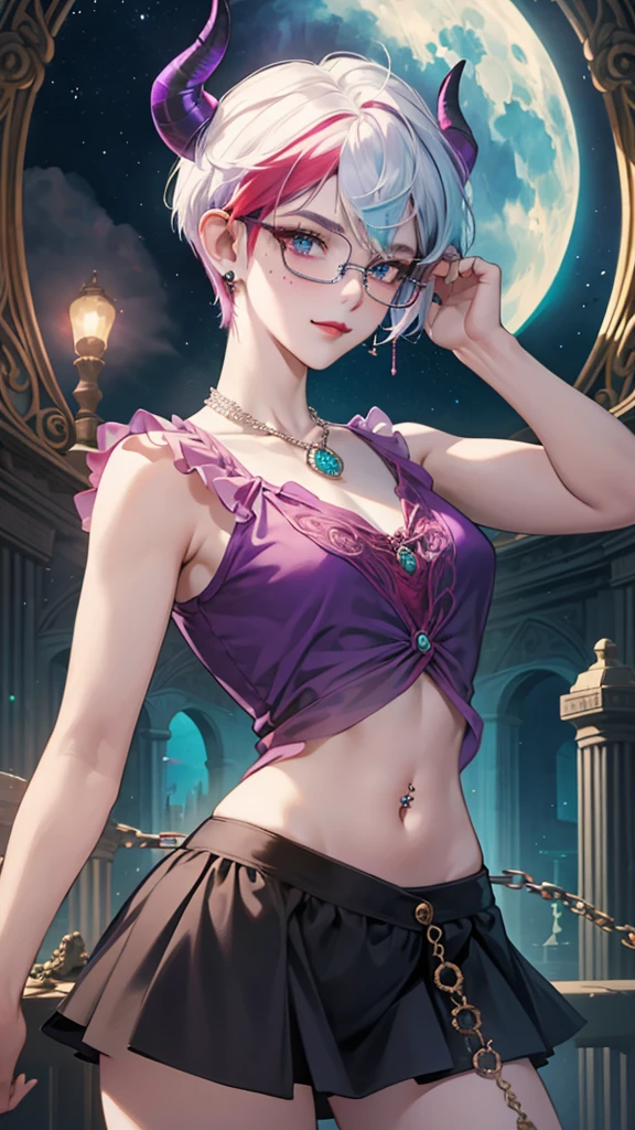 8k, masterpiece, best quality, highly detailed, 1 girl, tiefling, warlock, pixie cut, multicolored hair, very short straight hair red highlight hair on white hair, strippled hair, wearing glasses, round glasses, earrings, navel piercing, red eyeshadow, long eyelashes, blushed cheek, red lips, pearl necklace, rings, collarbone, mole on face, glamorous, teal and purple clothes, sleeveless, miniskirt, smirk, close up view, rings, looking at viewer, demon horns, solo, starry sky, pale blue moon, standing, boxing stance, demonic arms, chains on the background.