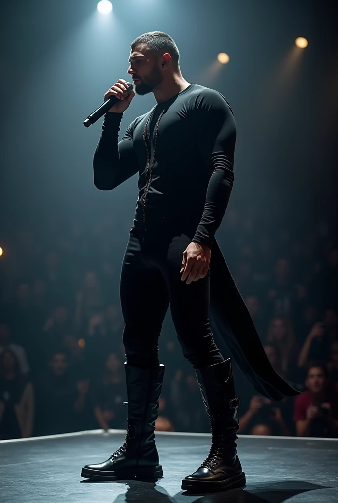 Create an innovative outfit for a male singer .That gives the impression of a powerful man.Let your posture be in movement, singing with people listening to it with joy .Someone imposing with broad shoulders but a solid and athletic body .
That your garment in black and dark gray tones is made with fine details for the torso could be a shirt, a sweatshirt or something very close to your body .But his torso is covered and with novel details in the pants that give it a futuristic impression..
With shiny black vinyl boots with novel details with the thin and non-rounded tip of the boot that also gives it height, slimness and stylization of the singer