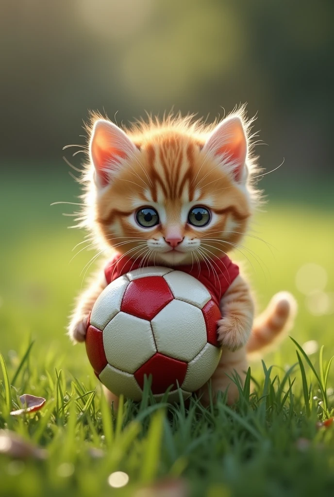 kitten　cute　Soccer ball costume　Ground background　Real