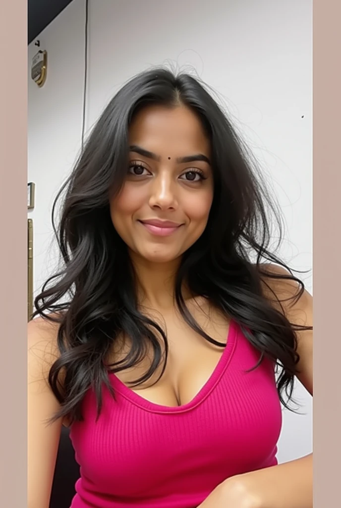 20 years old cute indian girl , long hair , mesomorph body , 25% fat , black top  , sexy and hot , big boobs , deep cleavage  