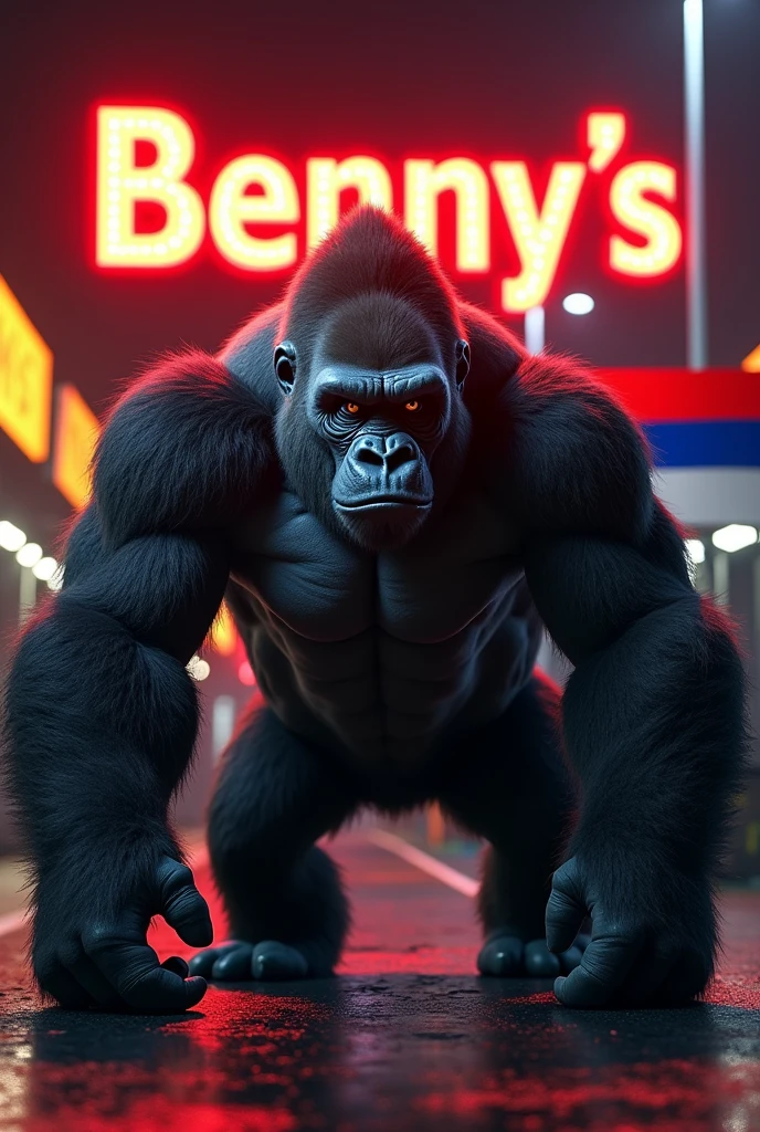 Generate a gorilla with the word bennys on a sign and the Serbian flag with a racing car
