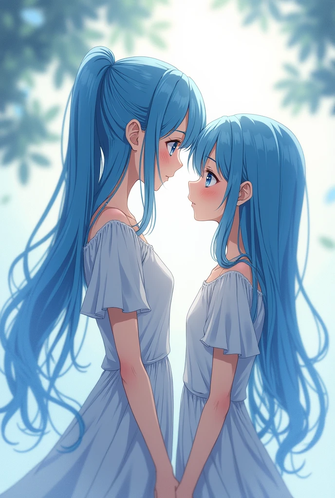 An anime girl with long blue hair in a ponytail, blue eyes, and a short dress below the knee, calm and beautiful, standing next to her brother who has the same hair and eye color and is er than her