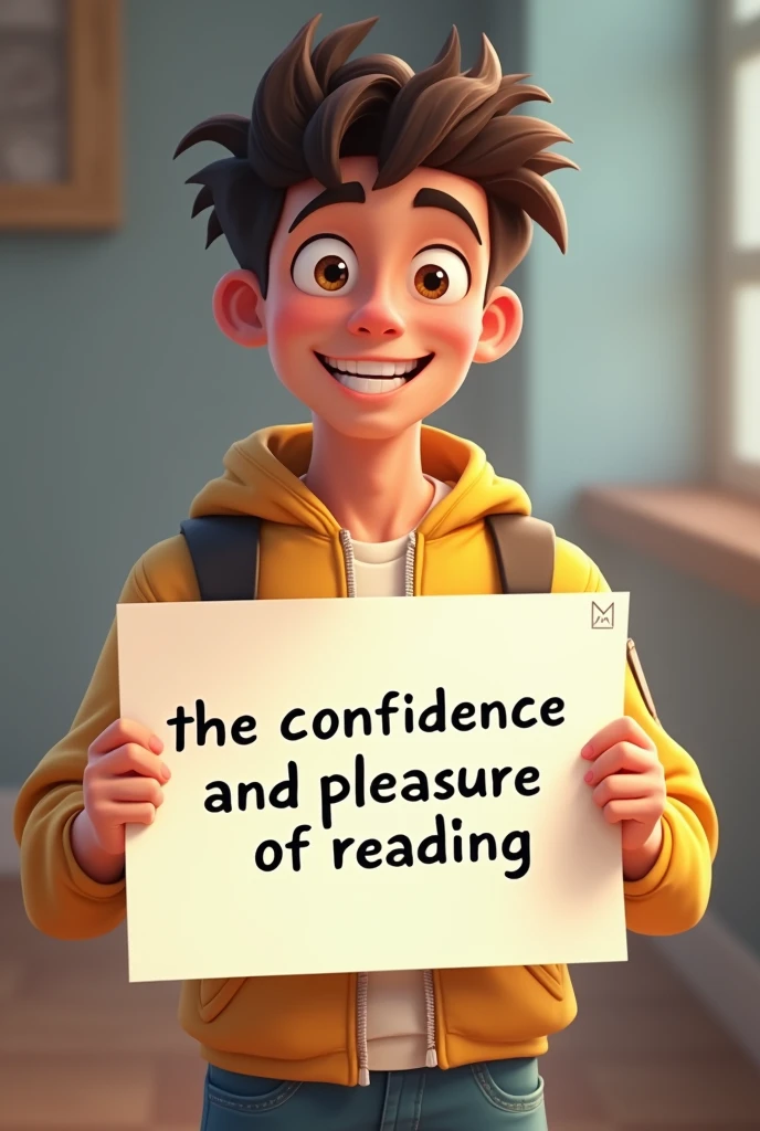 Mateo is a teenager, Mateo with a sign saying the confidence and pleasure of reading after having won