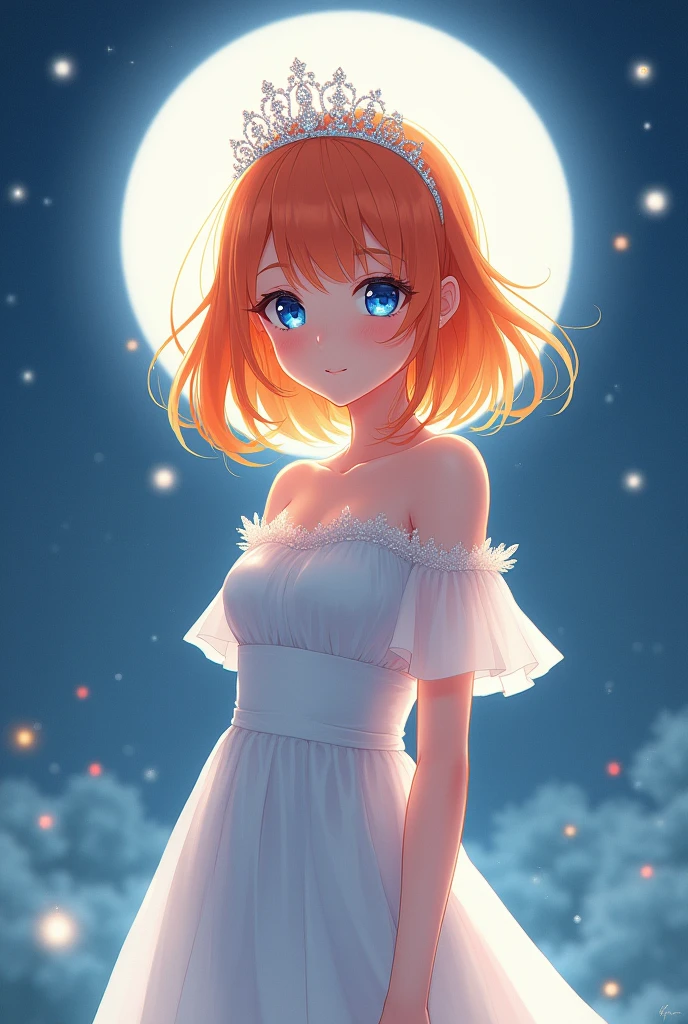 A girl, orange hair, blue eyes. She wore a beautiful off-the-shoulder white dress, a crown on her head, and stood in the moonlight with a gentle expression. anime characters.