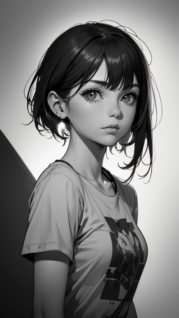 1 boyish lady, solo, sharp eyes, monochrome, greyscale, short black hair, portrait, T-shirt, closed mouth, looking at viewer, sketch, graphite \(medium\), detailed lips, hatching \(texture\), without makeup, bangs, upper body, (best illustration), (best quality), (very detailed), (masterpiece), expressionless,