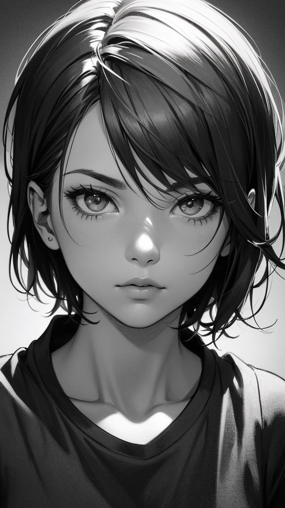 1 boyish lady, solo, sharp eyes, monochrome, greyscale, short black hair, portrait, T-shirt, closed mouth, looking at viewer, sketch, graphite \(medium\), detailed lips, hatching \(texture\), without makeup, bangs, upper body, (best illustration), (best quality), (very detailed), (masterpiece), expressionless,