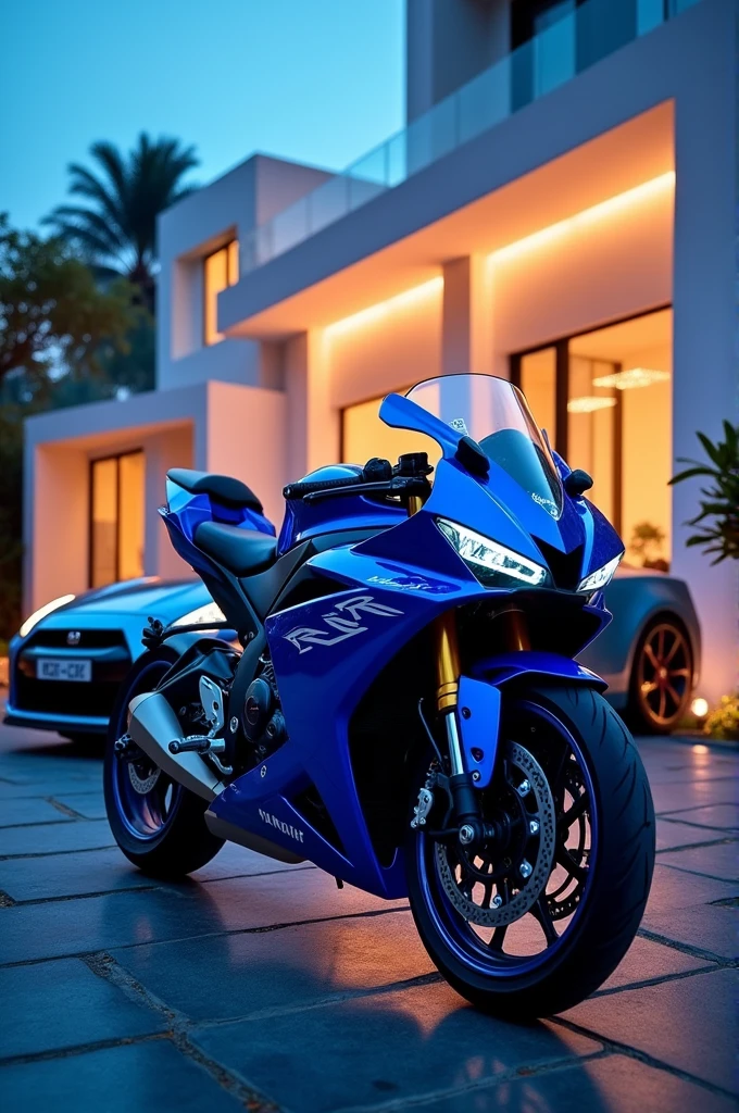 India variant yamaha R15 Version 3.0 blue color and nissan GT-R color parking in front of white House with neon lights
