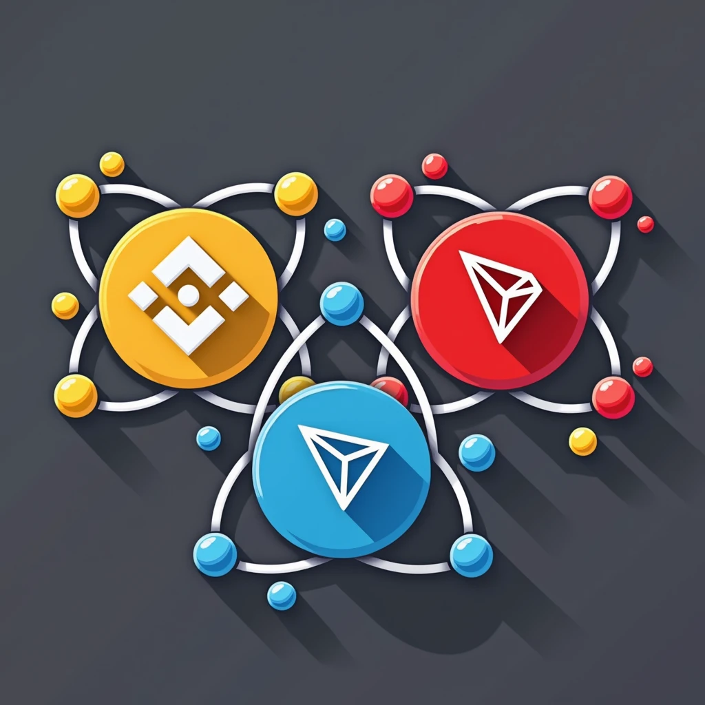 The image features a stylized design that combines the logos of three cryptocurrencies: Binance (BNB), Tron (TRX), and TON (The Open Network). Each logo is represented as a large circular node, with the Binance logo in yellow, the Tron logo in red, and the TON logo in blue.
These nodes are connected by orbital paths that resemble the structure of atoms or molecules, with smaller colored spheres (yellow, red, and blue) placed along these paths, adding to the atomic or molecular visual theme. The overall design is clean and modern, with a focus on the interconnectedness of the three logos. The colors are bold, making each logo distinct while maintaining harmony in the composition.