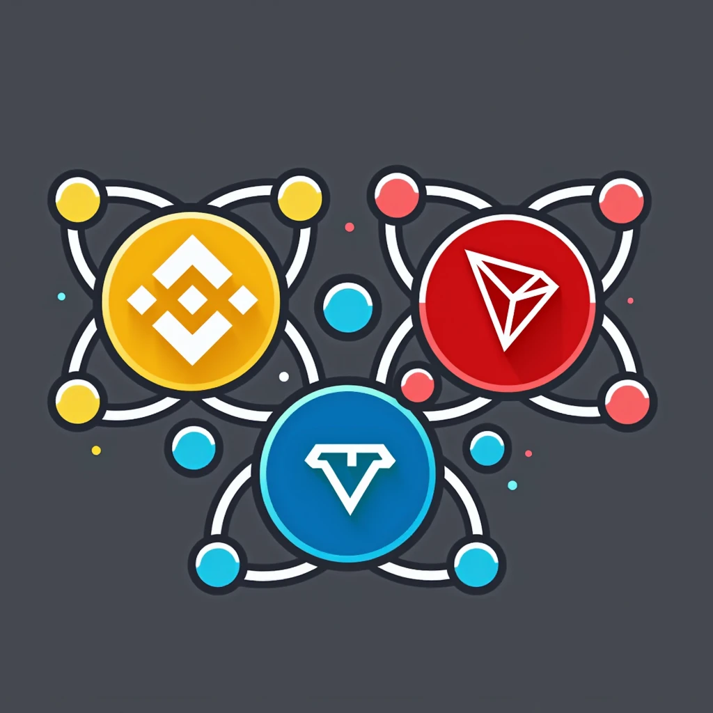 The image features a stylized design that combines the logos of three cryptocurrencies: Binance (BNB), Tron (TRX), and TON (The Open Network). Each logo is represented as a large circular node, with the Binance logo in yellow, the Tron logo in red, and the TON logo in blue.
These nodes are connected by orbital paths that resemble the structure of atoms or molecules, with smaller colored spheres (yellow, red, and blue) placed along these paths, adding to the atomic or molecular visual theme. The overall design is clean and modern, with a focus on the interconnectedness of the three logos. The colors are bold, making each logo distinct while maintaining harmony in the composition.