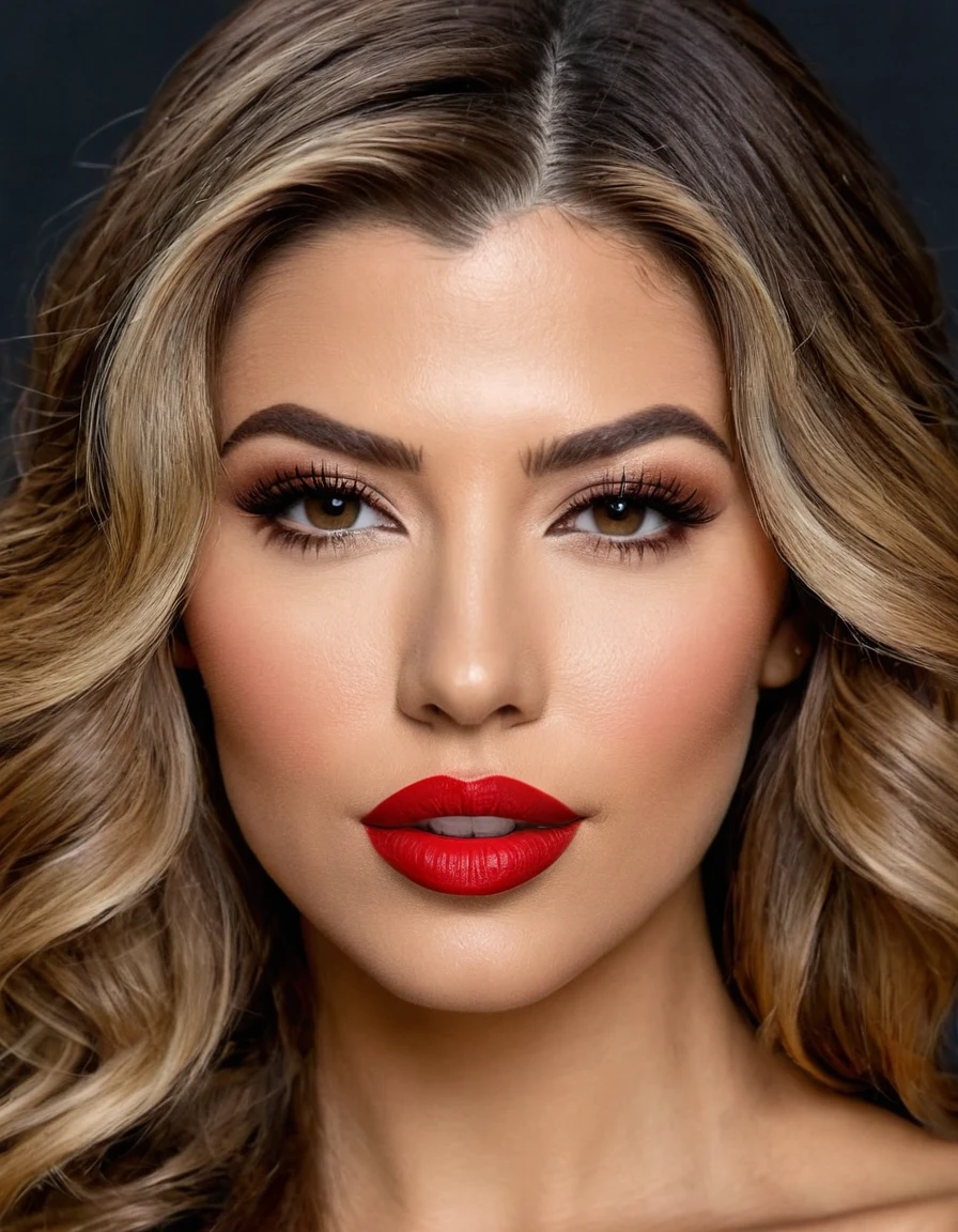 A waist-up portrait of a beautiful female whose facial features are a combination of Fergie + Juliana Harkavy. The female has lovely makeup on her face. The female wears red lipstick. Symmetrical eyes. Symmetrical face. Lovely details. Photorealistic. Full-colored photo. Professional photo. Highly detailed 8K.