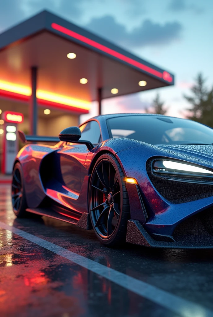 A car with a gas station in the background