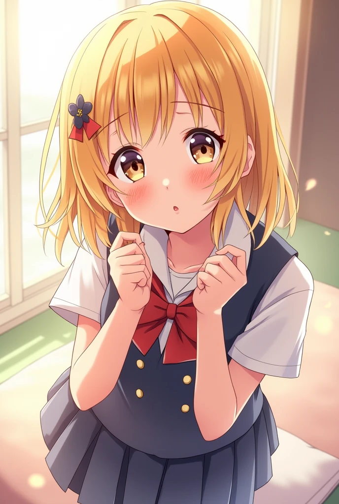 Masterpiece, Anime, A girl, One, Blushing Hard, Pouting cutely, Looking she's trying to get someone attention, sixteen years old, japanese school uniform, gal type, blonde hair, gyaru