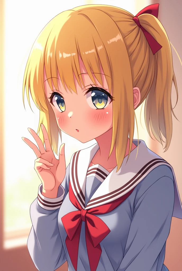 Masterpiece, Anime, A girl, One, Blushing Hard, Pouting cutely, Looking she's trying to get someone attention, , japanese school uniform, gal type, blonde hair, gyaru