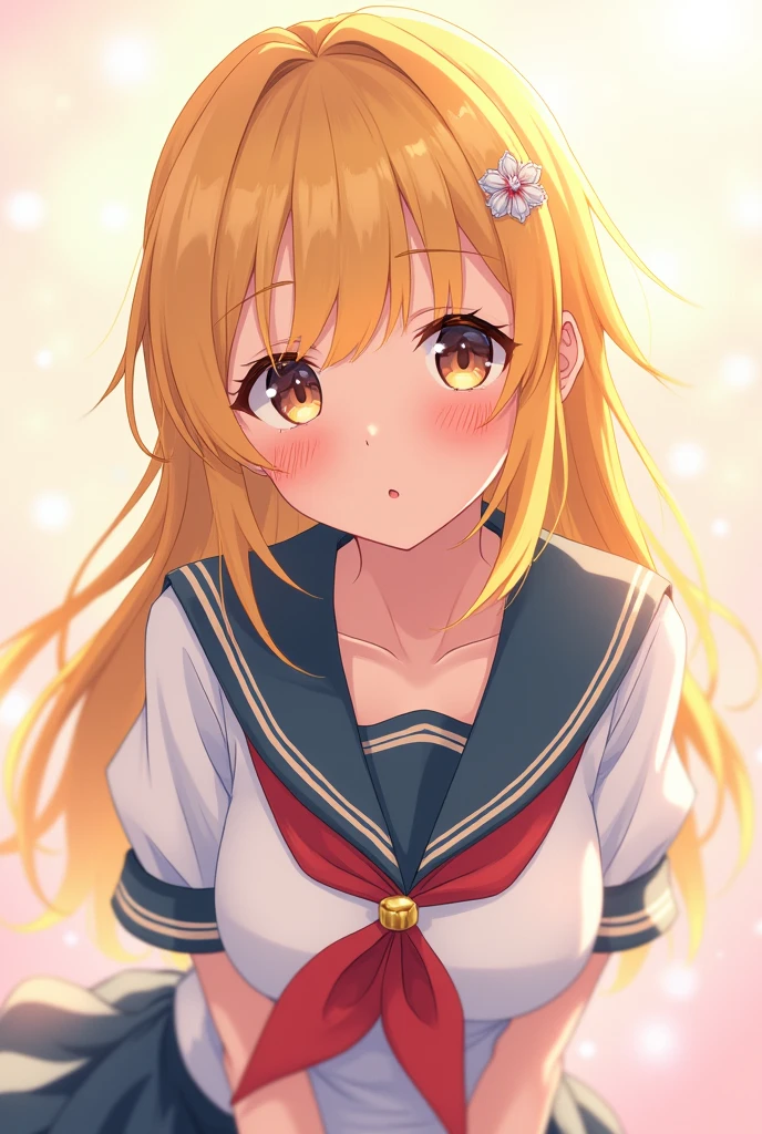 Masterpiece, Anime, A girl, One, Blushing Hard, Pouting cutely, Looking she's trying to get someone attention, sixteen years old, japanese school uniform, gal type, blonde hair, gyaru
