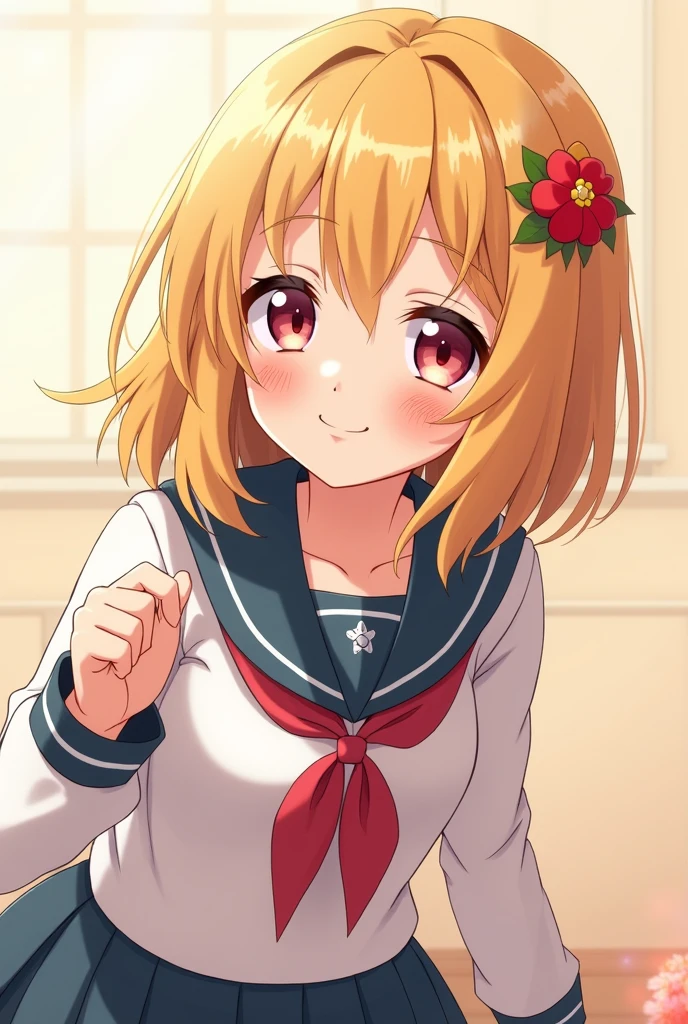 Masterpiece, Anime, A girl, One, Blushing Hard, Pouting cutely, Looking she's trying to get someone attention, sixteen years old, japanese school uniform, gal type, blonde hair, gyaru