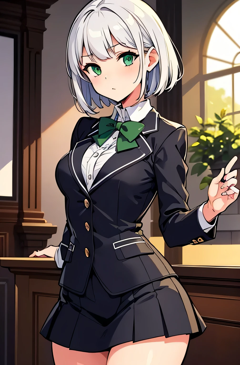 all intricate details, cientificamente: perfect body, girl 1, (masterpiece, best quality:1.2), illustration, solo, 1girl view, short hair, white hair, green eyes, short green blazer, black miniskirt, detailed background, looking at viewer, hair ornaments, indoors, sexy pose, front angle