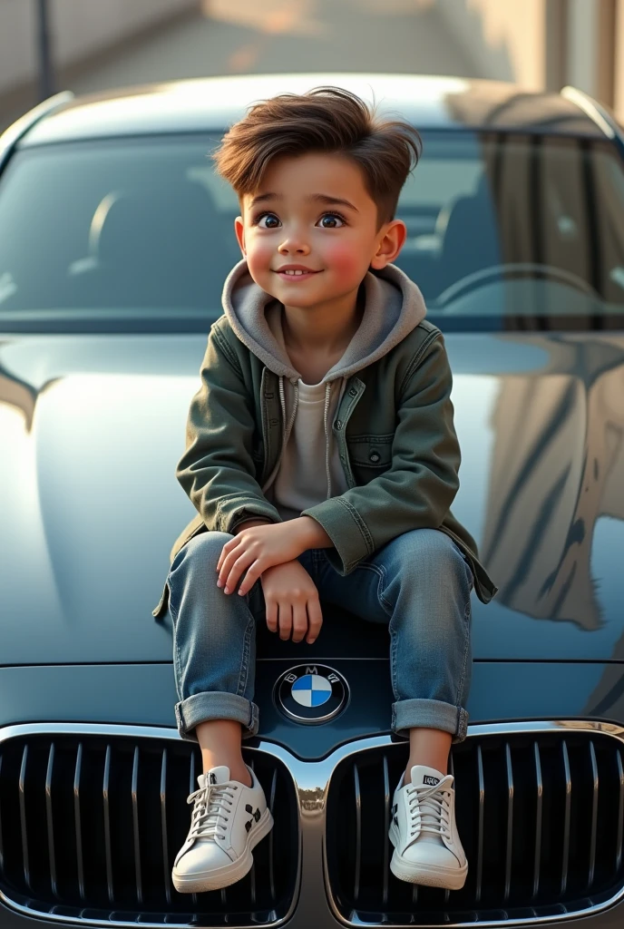 A boy who is sitting on bonut of bmw car he cute and smart