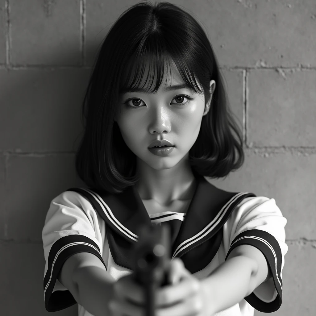 Realistic, Photorealistic, Highly realistic photos, Black and white photography:1.37, Black and White Photography:1.37, from side:1.21, Above the knee shot, Close your lips, (Has a pistol:1.21), (Hold the pistol at an angle:1.21), Portrait of a Japan woman:1.21, School uniforms, Sailor uniforms from famous Tokyo Metropolitan High Schools, Short sleeve clothing, Short-sleeved sailor uniform:1.21, sera fuku:1.21, The upper body is wearing a uniform:1.21, Brown Hair, Medium Hair, Students in the 1970s, Cute Japanese woman's face:1.21, Beautiful Japanese woman face:1.21, Sharp eyebrows:1.37, Anxious face, White skin:1.21, Fine skin, Glowing Skin:1.21, Ray Tracing, Concrete wall background, Serene monochrome photography, レトロなBlack and white photography, Dynamic and cinematic lighting,