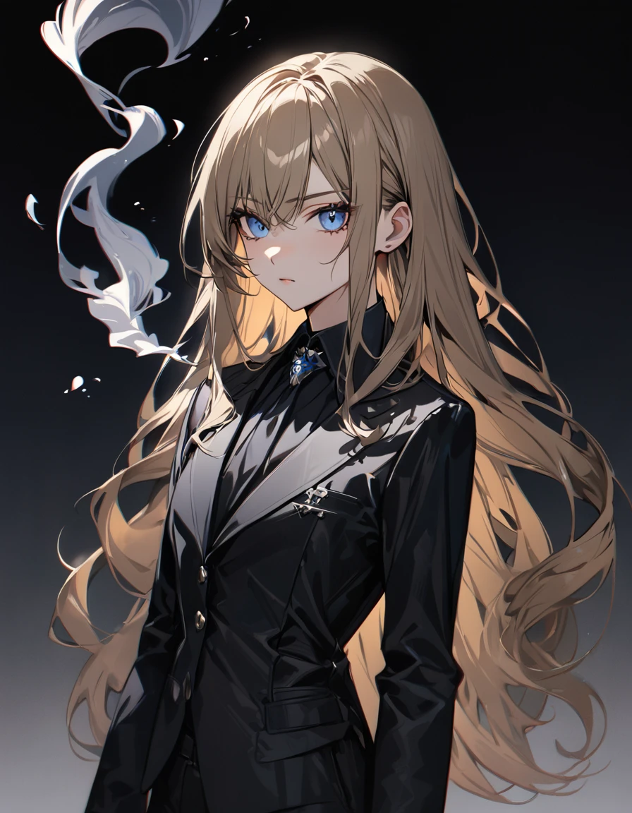 (masterpiece)、(absurdres)、(ultra detailed)、(8k),((solo lady),(dark blonde hair:1.2),(straight long hair:1.1),BREAK,shiny blue eyes,BREAK,black suit,black pants,BREAK,(athletic),(flat chest),(Pierce:0.9),(bracelet:0.8),Smoke:1.4,cigarette:1.3,Serious,potrait shot:1.2,simple darkness background,in the darkness:1.2,ガンアクションポーズ、ハンドガンを手に持ち撃つ:1.3,