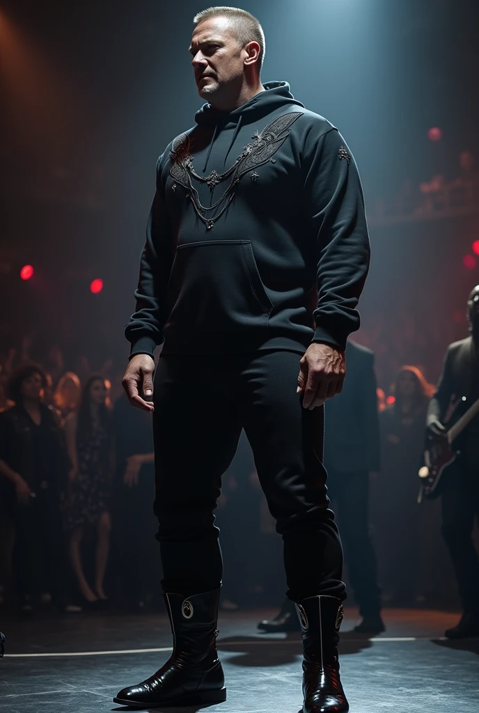 Create an innovative outfit for a male singer .That gives the impression of a powerful man.Let your posture be in movement, singing with people listening to it with joy .Someone imposing with broad shoulders but a solid and athletic body  .
That your garment in black and dark gray tones is made with fine details for the torso could be a shirt, a sweatshirt or something very close to your body .But his torso is covered and with novel details in the pants that give it a futuristic impression..
With shiny black vinyl boots with novel details with the thin and non-rounded tip of the boot that also gives it height, slimness and stylization of the singer 

