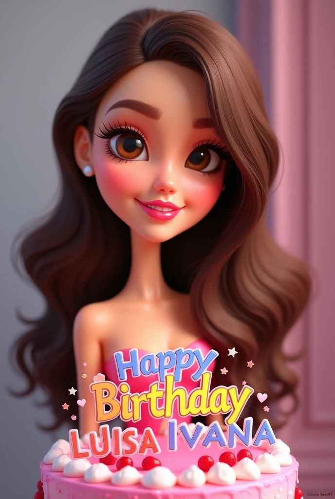 Create a barbie-style caricature of a woman with wavy brown hair down the middle of her back and brown eyes with a cake that says happy birthday Luisa Ivania in the background ,35 years