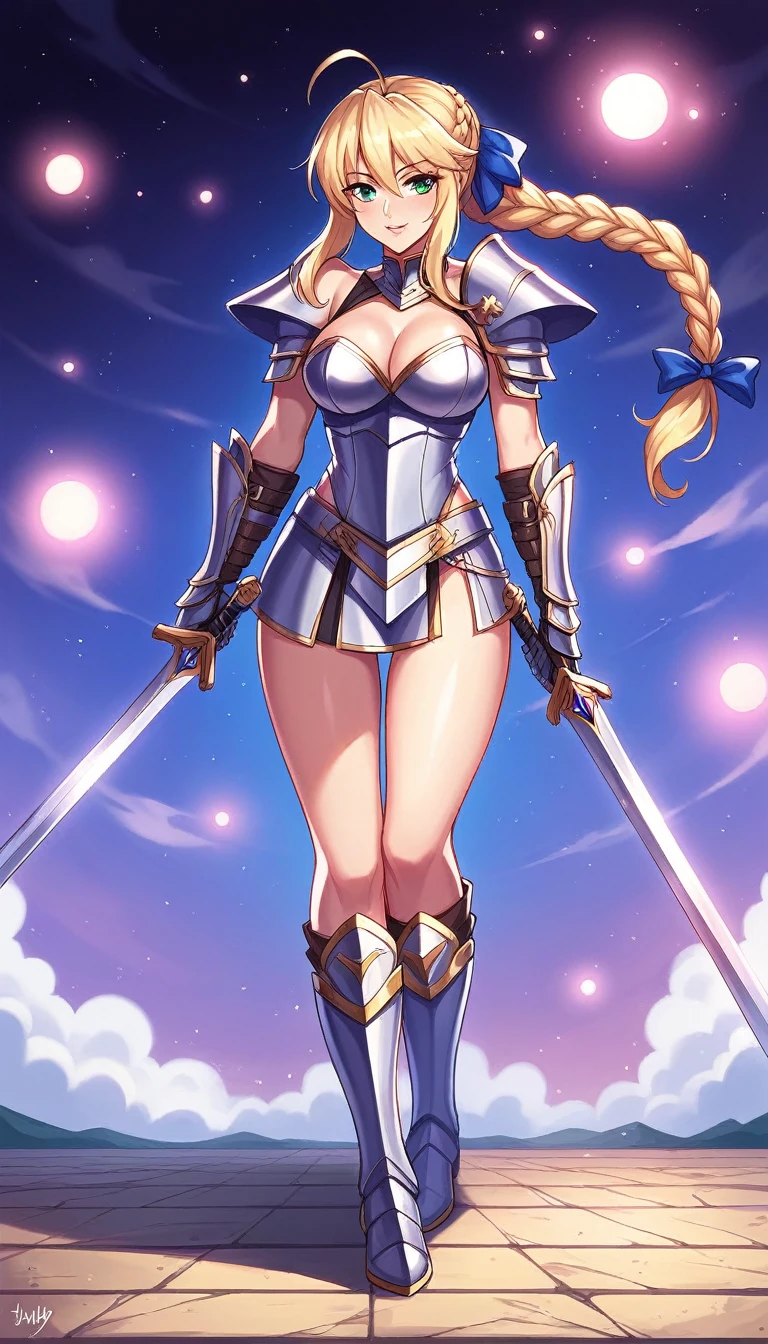 score_9, score_8_up, score_7_up, score_6_up, BREAK Anime - Stylistic image of Artoria Pendragon (braid, short dress, ribbon, hair ribbon, armor, gauntlets, armored dress, boots:1.2), BREAK cleavage, (standing with a large sword, resting on sword:1.3), BREAK Kushatt Krenz Key Art Women, Extremely detailed Artgerm, Artgerm on ArtStation Pixiv, BREAK Epic light novel art cover, gorgeous female paladin, trending on artstation pixiv, Portrait Chevaliers du Zodiaque Fille, BREAK dimly lit spooky mansion, midnight, shallow depth of field, BREAK highly detailed, bokeh, moody, epic, gorgeous, grainy, BREAK (ultra-detailed), (best illustration), (best shadow), (absurdres), (detailed background), (very aesthetic).