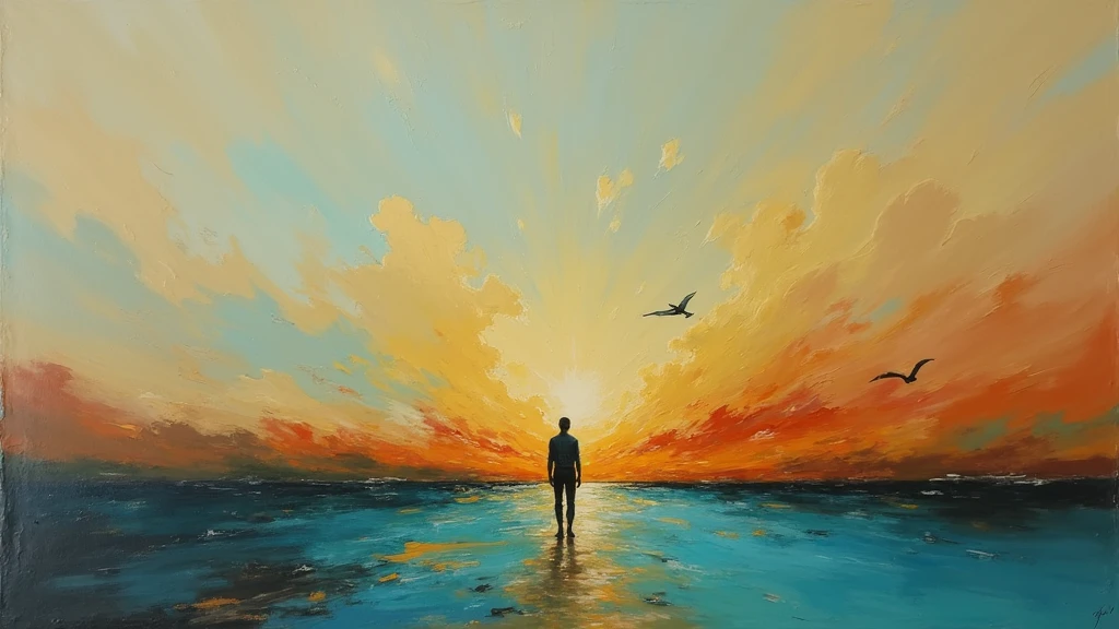 ( a man) a thick textured oil painting, impasto brushstrokes, dry brushing,revealing underlayers, abstract landscape, moody lighting, dramatic shadows, muted earthy colors, vibrant colors, highly detailed, masterpiece,