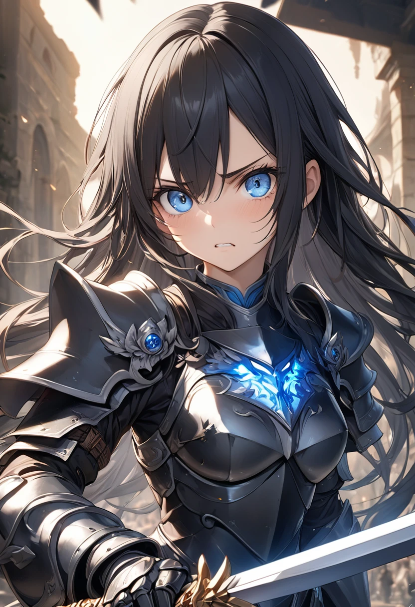 Long hair, (blue eyes:1.5),  Black Hair、female knight、Black Armor, Holding a longsword、(small breast:1.2), BREAK looking at viewer, BREAK outside, BREAK (masterpiece:1.2), best quality, high resolution, unity 8k wallpaper, (illustration:0.8), (beautiful detailed eyes:1.6), extremely detailed face, perfect lighting, extremely detailed CG, (perfect hands, perfect anatomy),Are standing、Combat Ready、Slanted Eyes、Angry