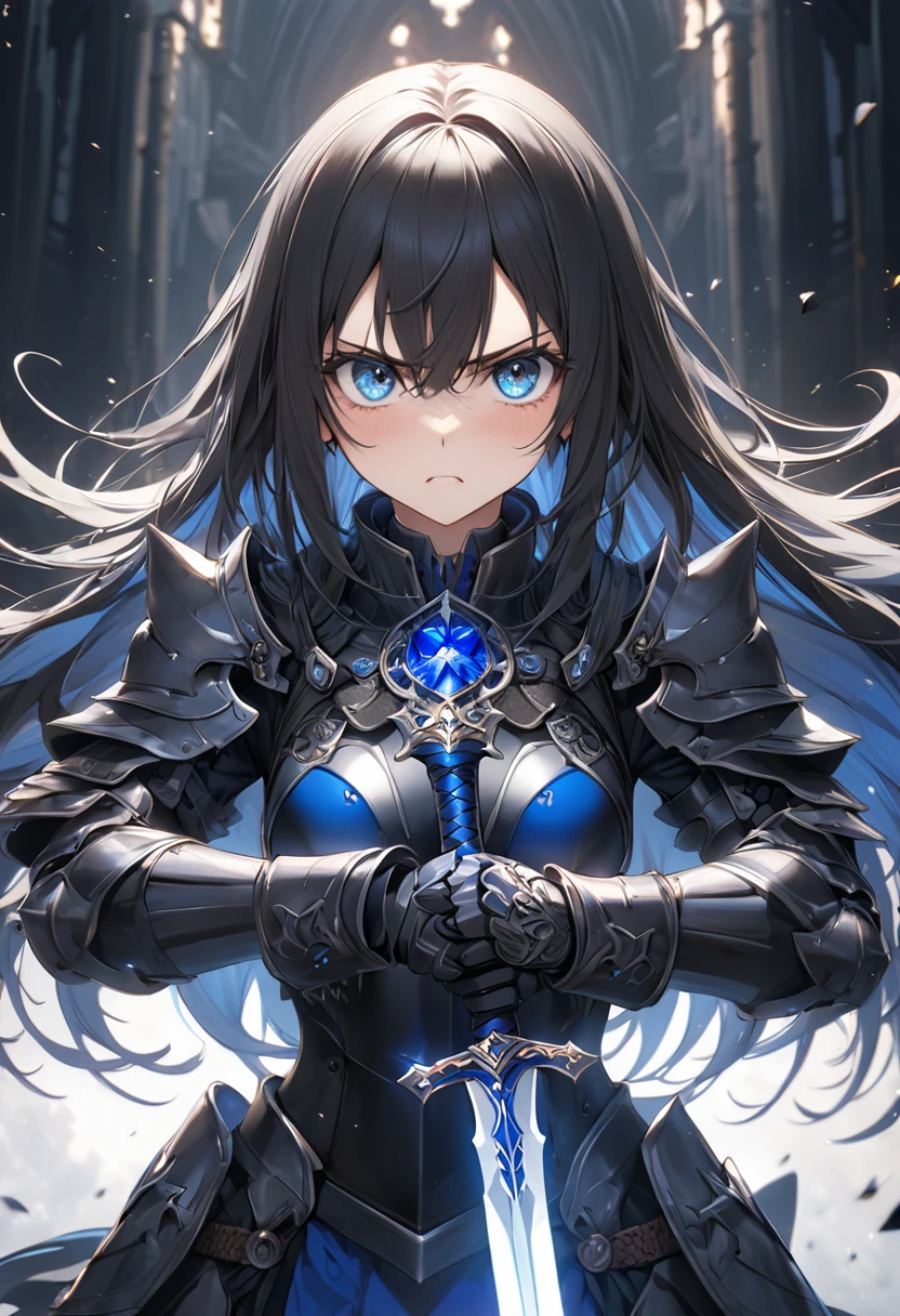 Long hair, (blue eyes:1.5),  Black Hair、female knight、Black Armor, Holding a longsword、(small breast:1.2), BREAK looking at viewer, BREAK outside, BREAK (masterpiece:1.2), best quality, high resolution, unity 8k wallpaper, (illustration:0.8), (beautiful detailed eyes:1.6), extremely detailed face, perfect lighting, extremely detailed CG, (perfect hands, perfect anatomy),Are standing、Combat Ready、Slanted Eyes、Angry