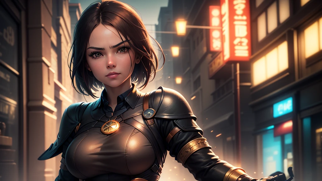 (at night), in a video game scene in the background, a beautiful city at night, raining, alone, standing looking straight ahead, military clothing with military green skirt and pants, black gloves, semi-short hair, ((semi-short hair)), 1 girl, 30 years old, young woman, perfect hands, Beautiful fingers, Beautiful long legs, Beautiful body, Beautiful nose, Beautiful character design, perfect face, looking straight at the viewer with a serious gesture and very upset, she has a black whip in her hand (focusing on her face), mouth closed, light_smile, official art, extremely detailed CG unity 8k wallpaper, perfect lighting, bright and colorful front lighting, shiny skin (artwork master: 1.0), (Best_quality: 1.0), ultra High resolution, 4k, ultra detailed photography, 8K, hdr, High resolution, Nonsense:1.2, Kodak portrait 400, film grain, Blurred background, bokeh:1.2, Flash lens, (vibrant_color:1.2), professional photography, (Beautiful, breasts: 1.4), (Beautiful_face: 1.5), (narrow waist),