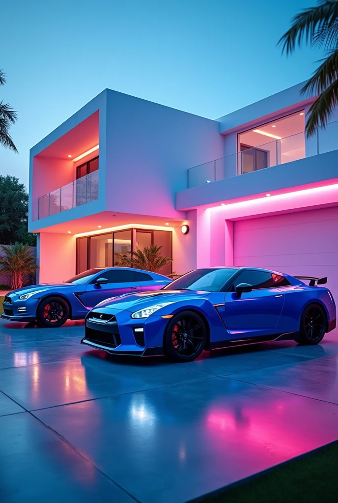 India variant yamaha R15 Version 3.0 blue color and nissan GT-R blue color parking in front of white House with neon lights