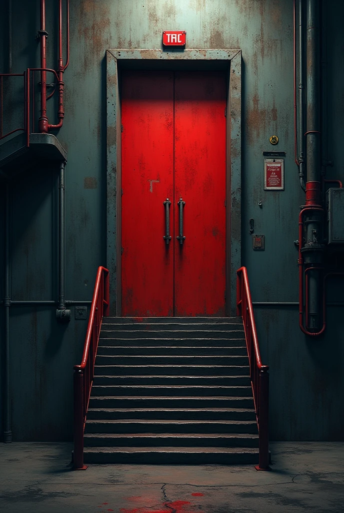 Une porte rouge lourde qui surplombe un très long escalier. En bas usine industrielle sombre. En haut de l'escalier derriere la porte des bureaux du stress du harcèlement . Pas de bois. Du metal sombre