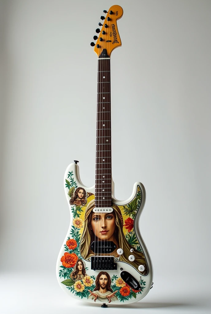 White electric guitar stratocaster with virgin mary design, flores, rosary and Jesus Christ