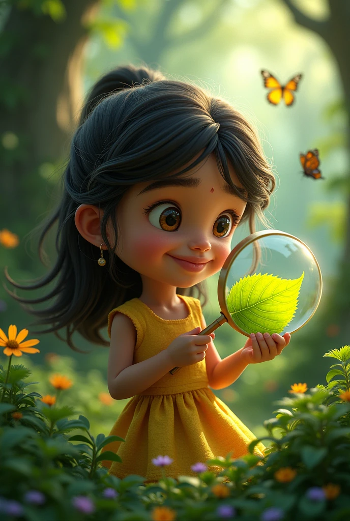 "Maya, a curious girl, closely examines a leaf with her magnifying glass. She has a look of wonder on her face, surrounded by a detailed, natural setting with trees, plants, and small creatures."Leo with a Map