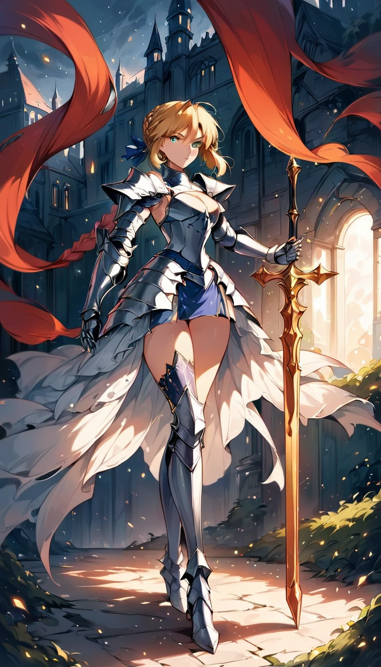 score_9, score_8_up, score_7_up, score_6_up, BREAK Anime - Stylistic image of Artoria Pendragon (braid, short dress, ribbon, hair ribbon, armor, gauntlets, armored dress, boots:1.2), BREAK cleavage, (standing with a large sword, resting on sword:1.3), BREAK Kushatt Krenz Key Art Women, Extremely detailed Artgerm, Artgerm on ArtStation Pixiv, BREAK Epic light novel art cover, gorgeous female paladin, trending on artstation pixiv, Portrait Chevaliers du Zodiaque Fille, BREAK dimly lit spooky mansion, midnight, shallow depth of field, BREAK highly detailed, bokeh, moody, epic, gorgeous, grainy, BREAK (ultra-detailed), (best illustration), (best shadow), (absurdres), (detailed background), (very aesthetic).