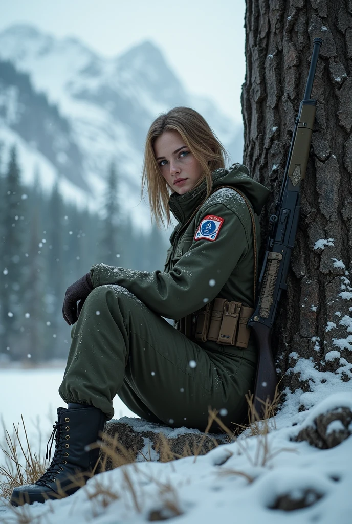 The girl is a Russian sniper in a military uniform, she has blue eyes and straight straw-colored hair, she has a weapon behind her, she is sitting in the forest by a tree on a stone, behind her are high snow-capped mountains, and it is snowing heavily