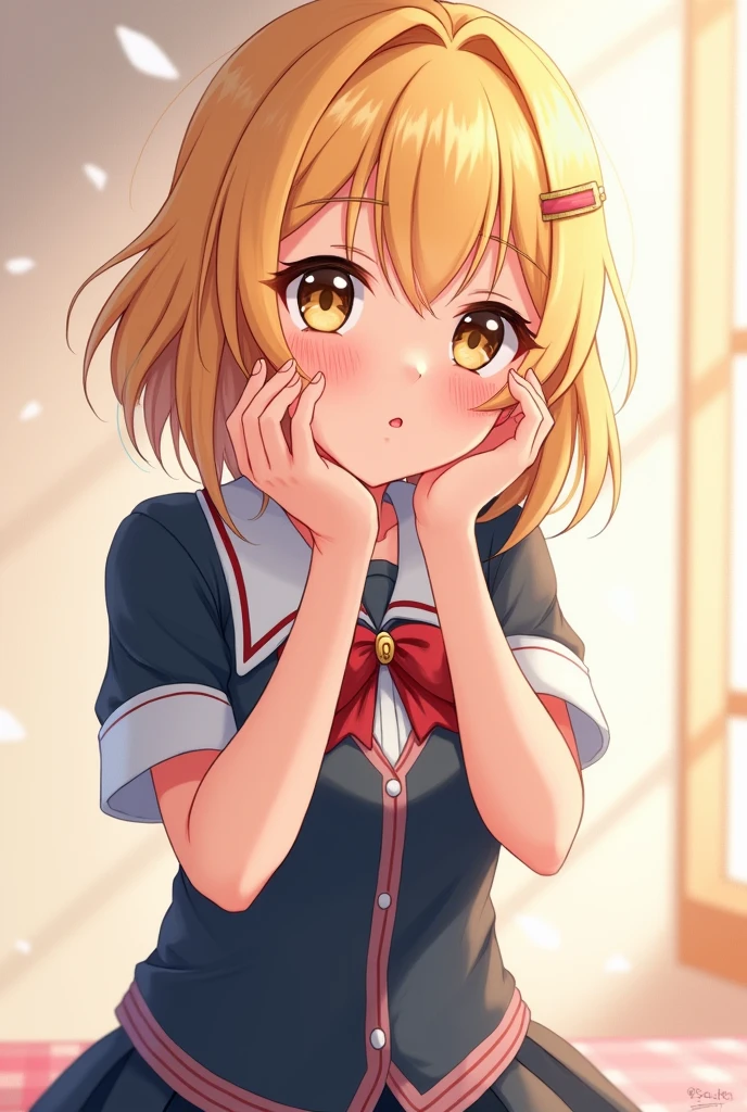 Masterpiece, Anime, A girl, One, Blushing Hard, Pouting cutely, Looking she's trying to get someone attention, sixteen years old, japanese school uniform, gal type, blonde hair, gyaru