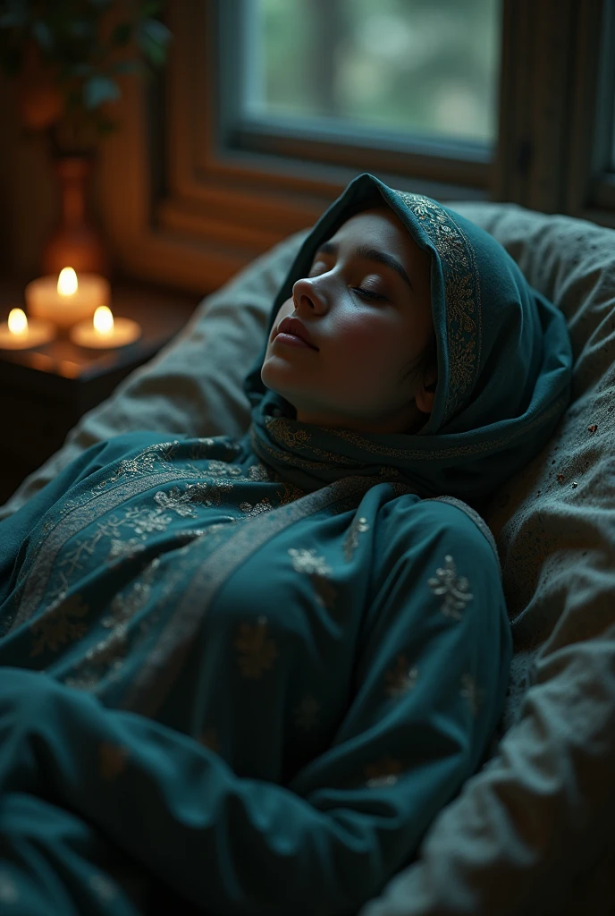 A beautiful girls dead body laying down and covering with kafan cloth half naked in a Muslim bed 4k realistic 
